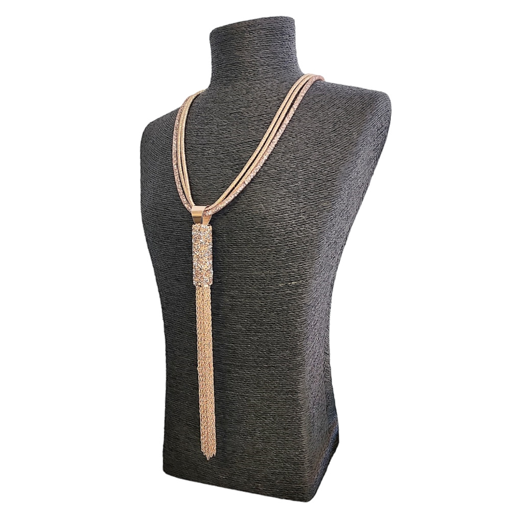 Handmade Pink Rose Gold Multi Strand Layer Necklace w/ Shimmering Crystals - Picture 3 of 5